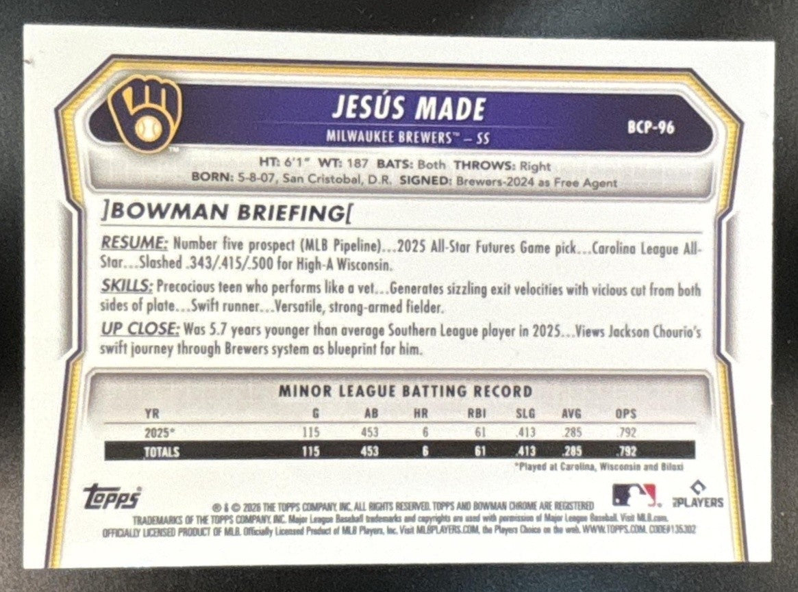 2026 Bowman Jesus Made Chrome Prospects Purple Geometric /250 #BCP-96 Brewers