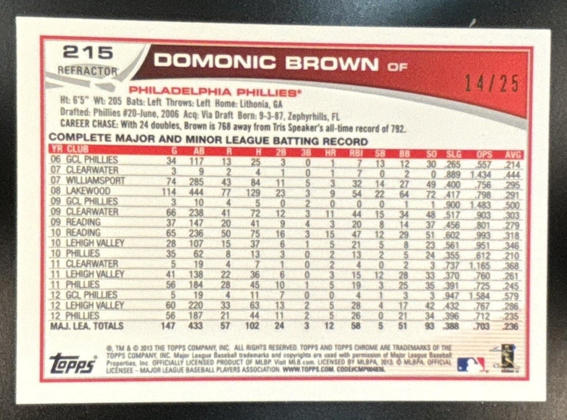 2013 Topps Chrome Domonic Brown Red Refractor /25 #215 Philadelphia Phillies