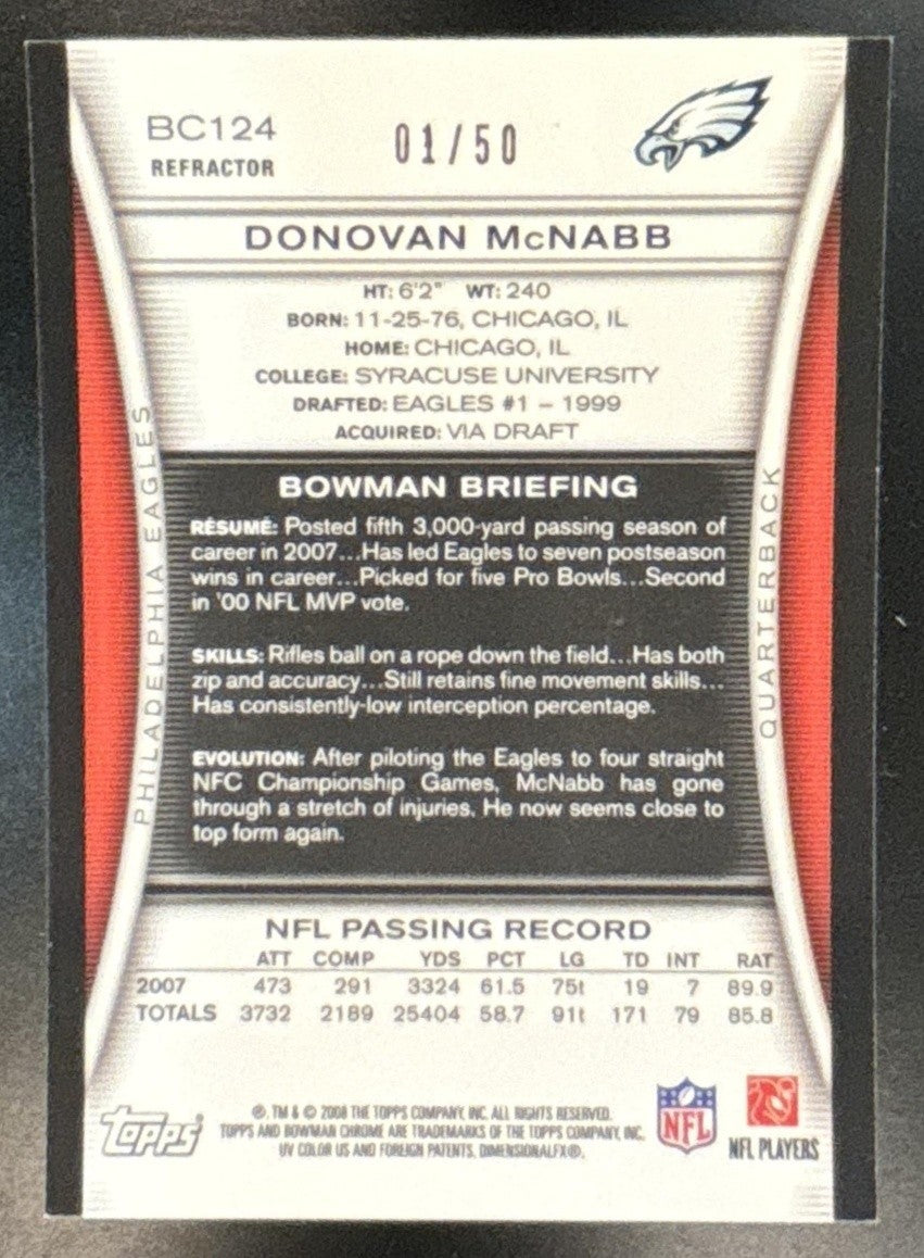2008 Bowman Chrome Donovan McNabb Gold Refractor 1/50 #BC124 Philadelphia Eagles