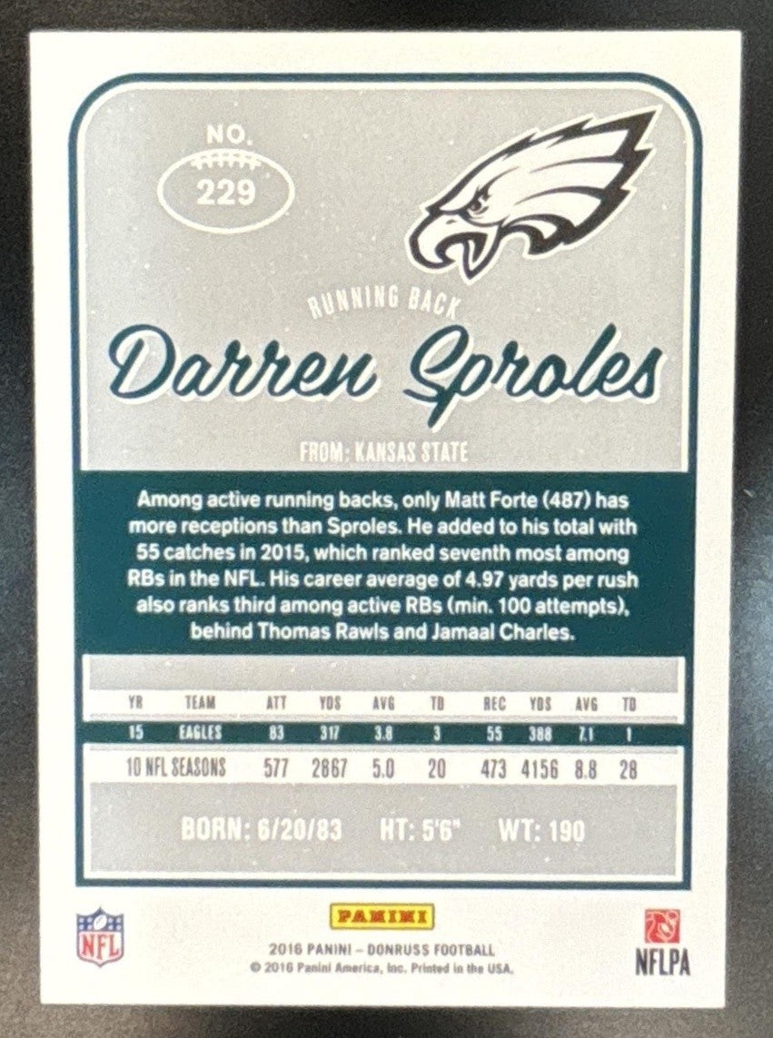 2016 Panini Donruss Darren Sproles Press Proofs Black /10 #229 Eagles