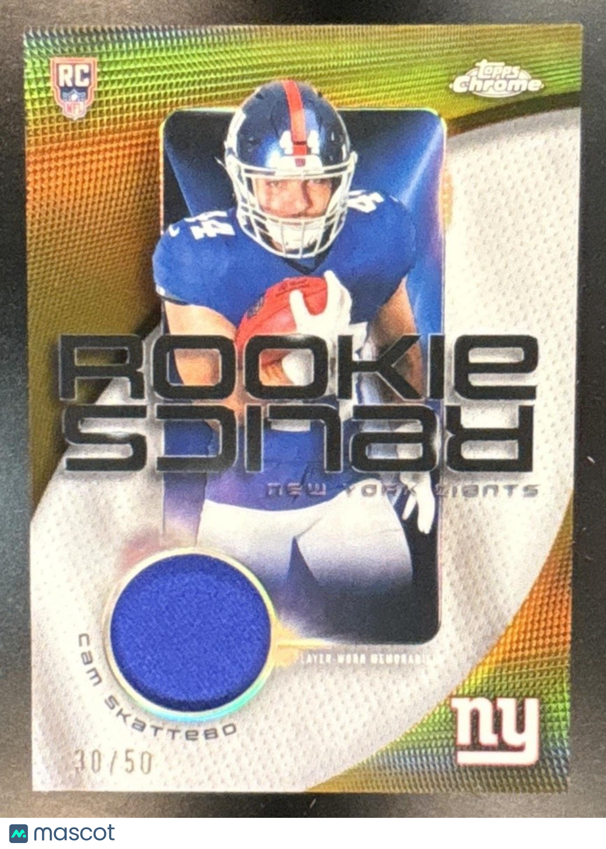 2025 Topps Chrome Cam Skattebo Rookie Relics Gold Refractor /50 MEM RC Giants