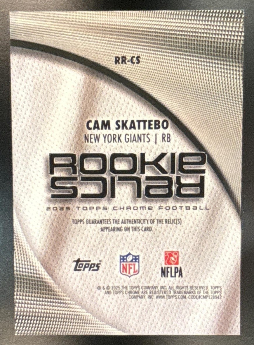 2025 Topps Chrome Cam Skattebo Rookie Relics Gold Refractor /50 MEM RC Giants