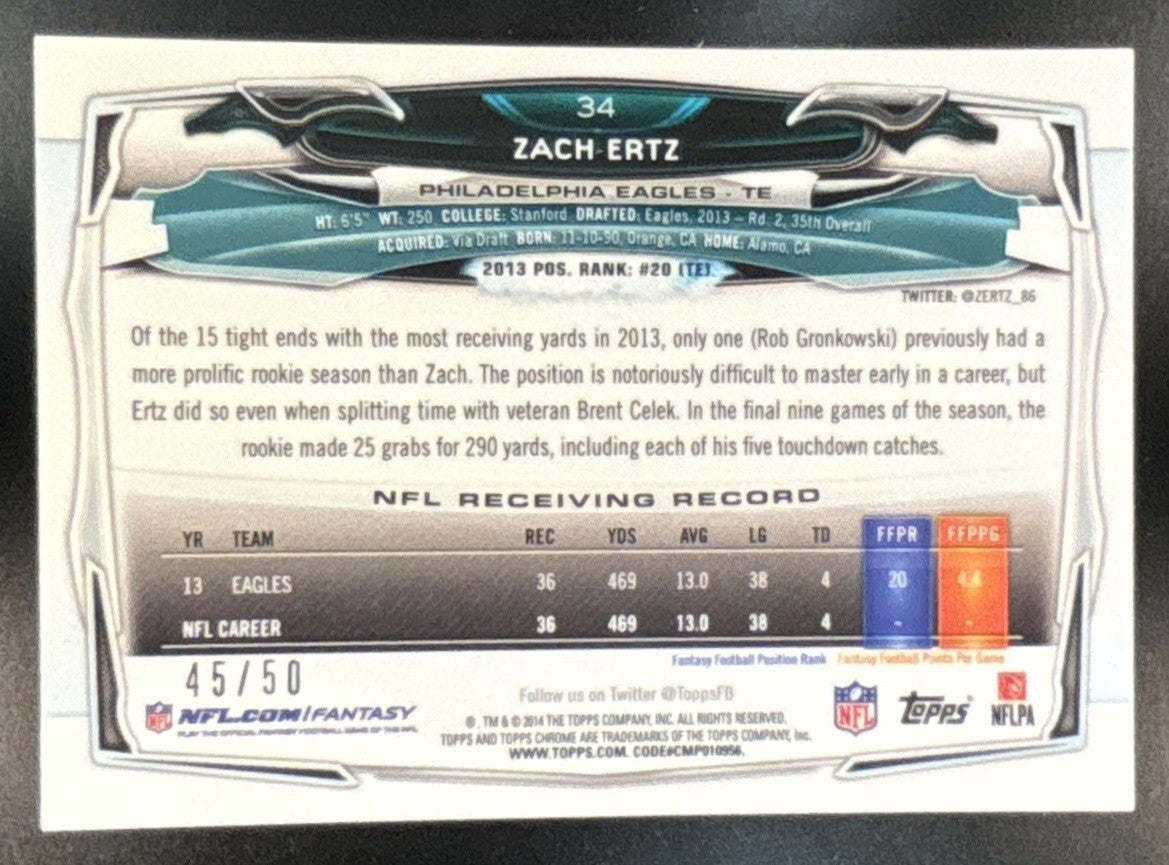 2014 Topps Chrome Zach Ertz Gold Refractor /50 #34 Philadelphia Eagles