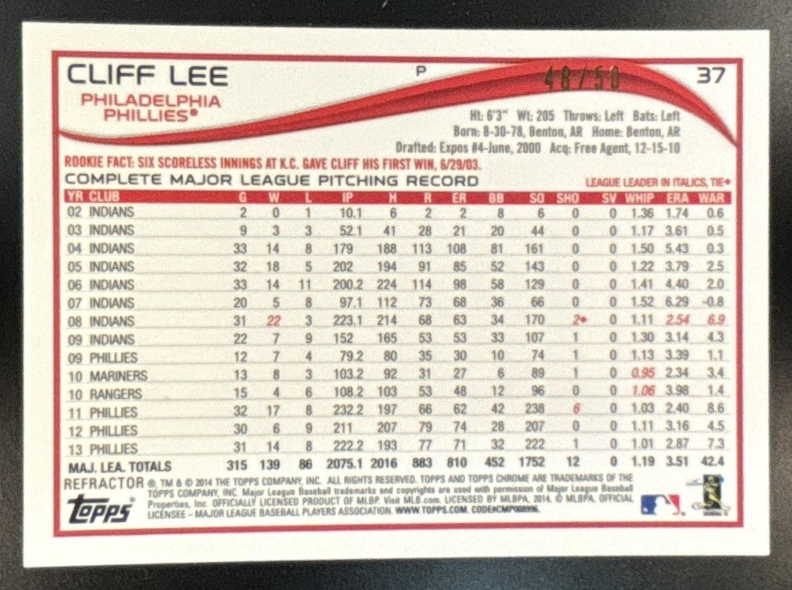 2014 Topps Chrome Cliff Lee Gold Refractor /50 #37 Philadelphia Phillies