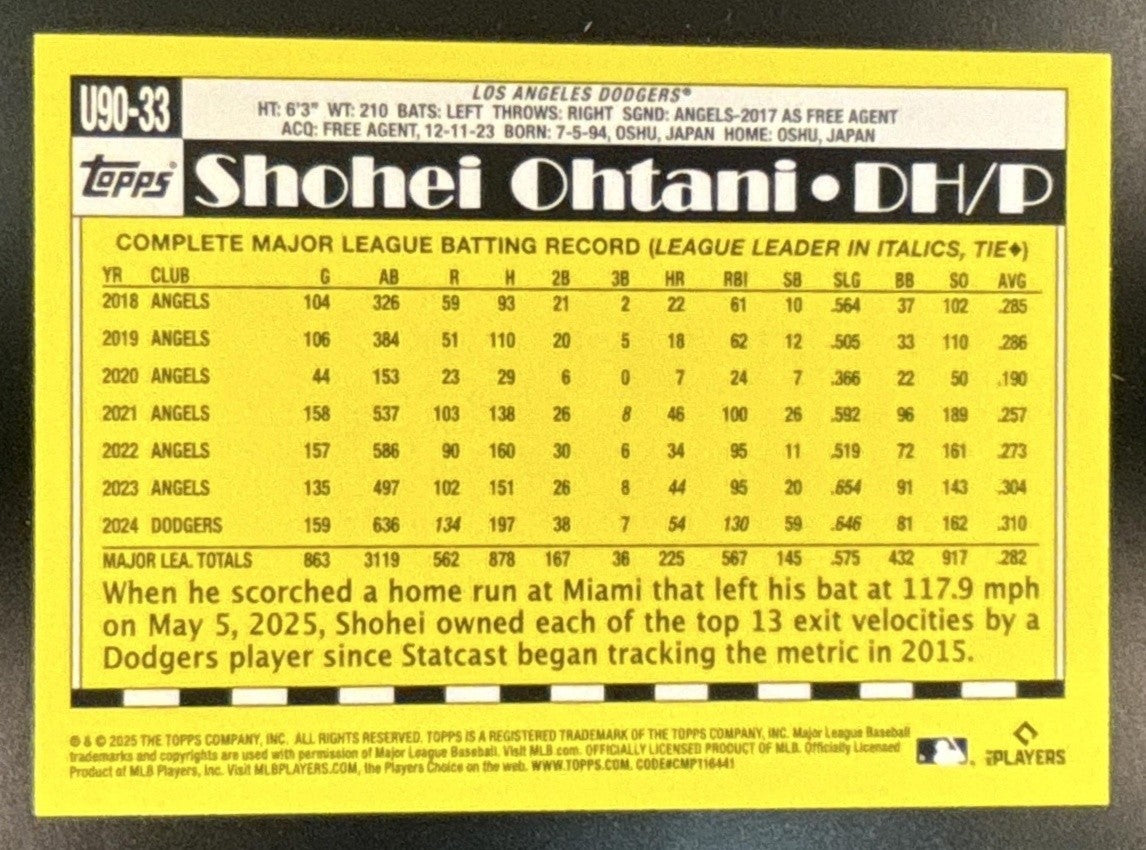 2025 Topps Update Shohei Ohtani 1990 Holo Foil #U90-33 Los Angeles Dodgers
