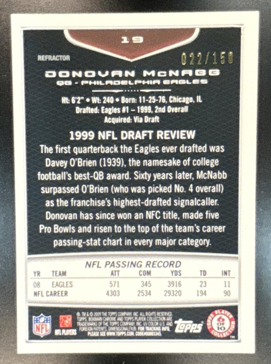 2009 Bowman Chrome Donovan McNabb Blue Refractor /150 #19 Philadelphia Eagles