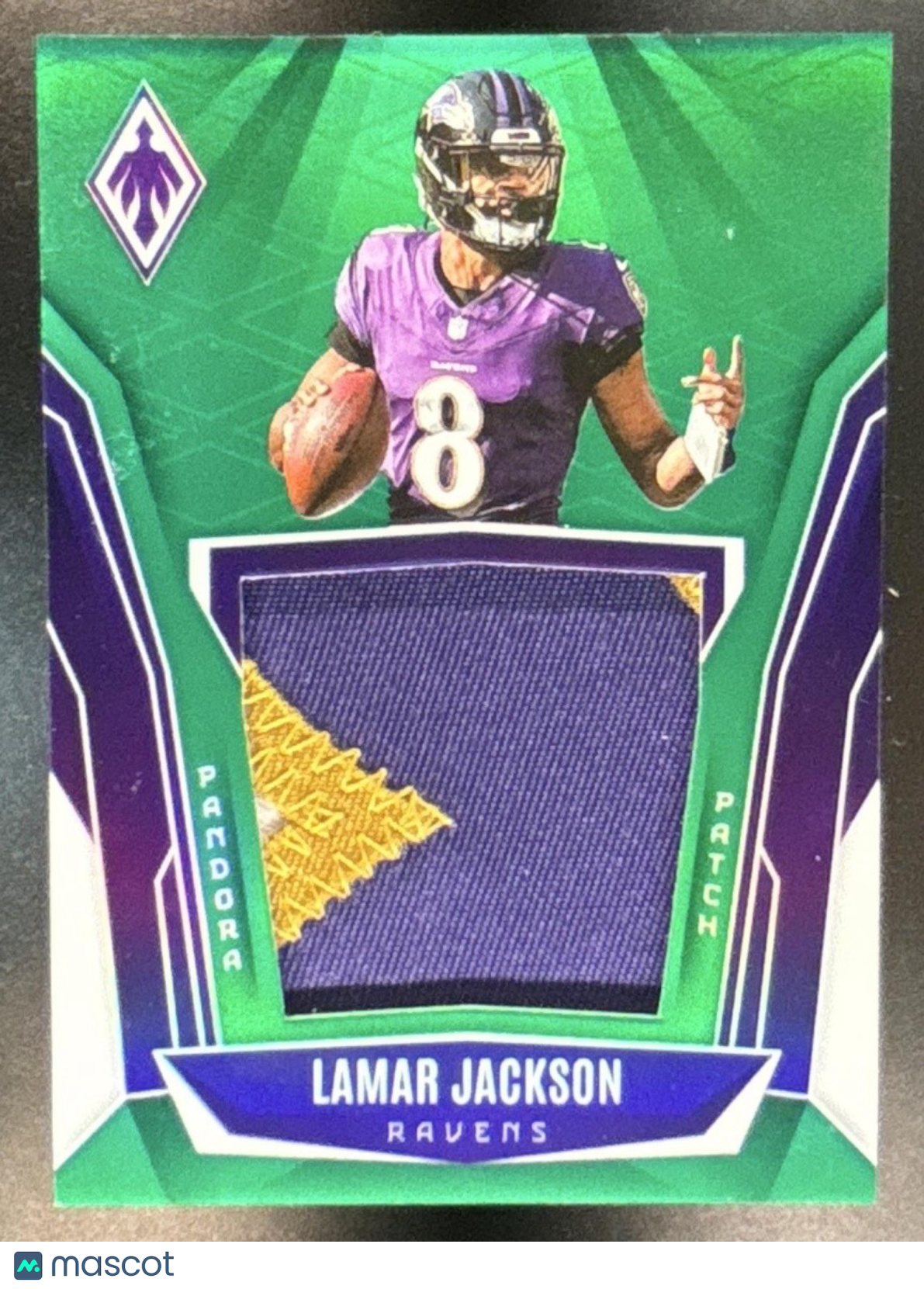 2025 Panini Phoenix Lamar Jackson Pandora Patch Green /99 MEM Baltimore Ravens