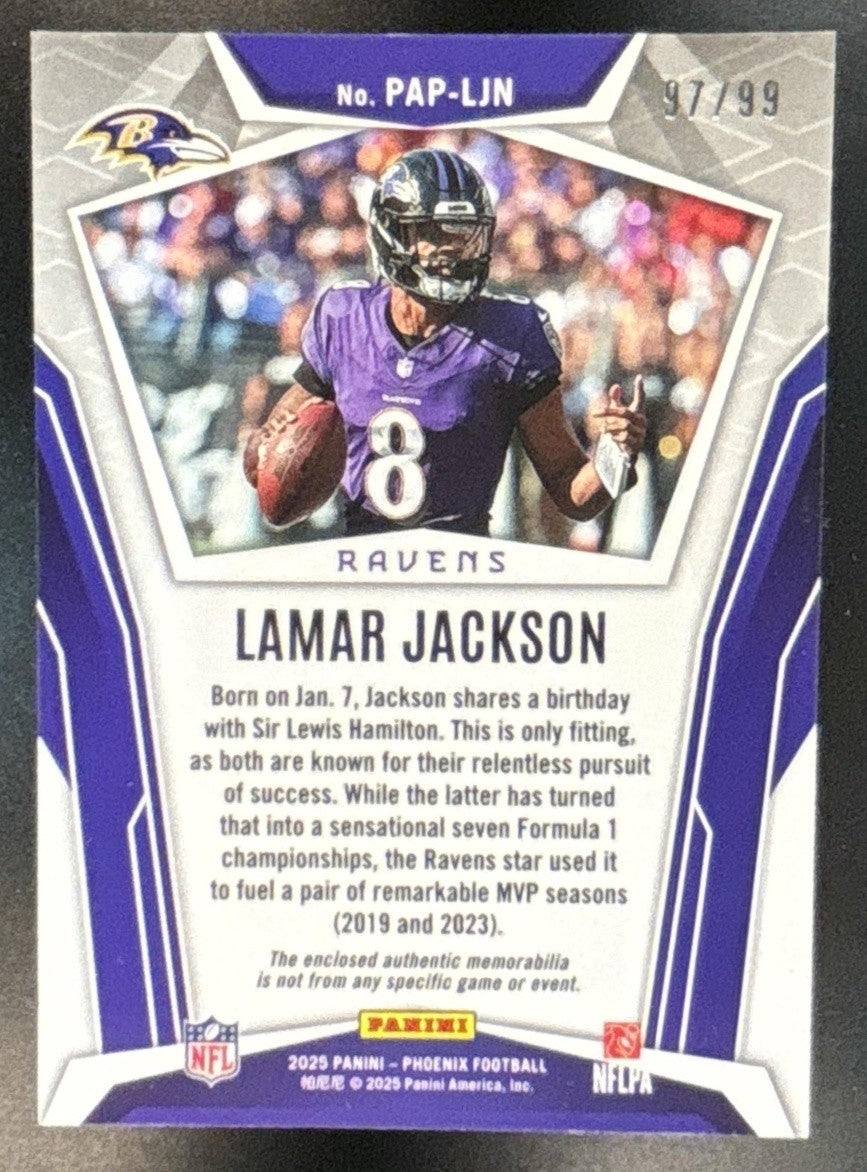 2025 Panini Phoenix Lamar Jackson Pandora Patch Green /99 MEM Baltimore Ravens