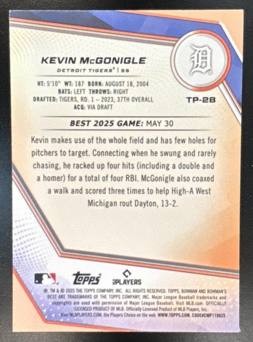 2025 Bowman's Best Kevin McGonigle Top Prospects Green /99 #TP-28 Detroit Tigers