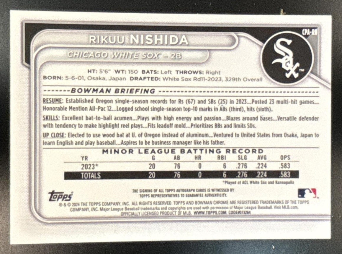 2024 Bowman Rikuu Nishida Chrome Auto #CPA-RN 1st Prospect Chicago White Sox