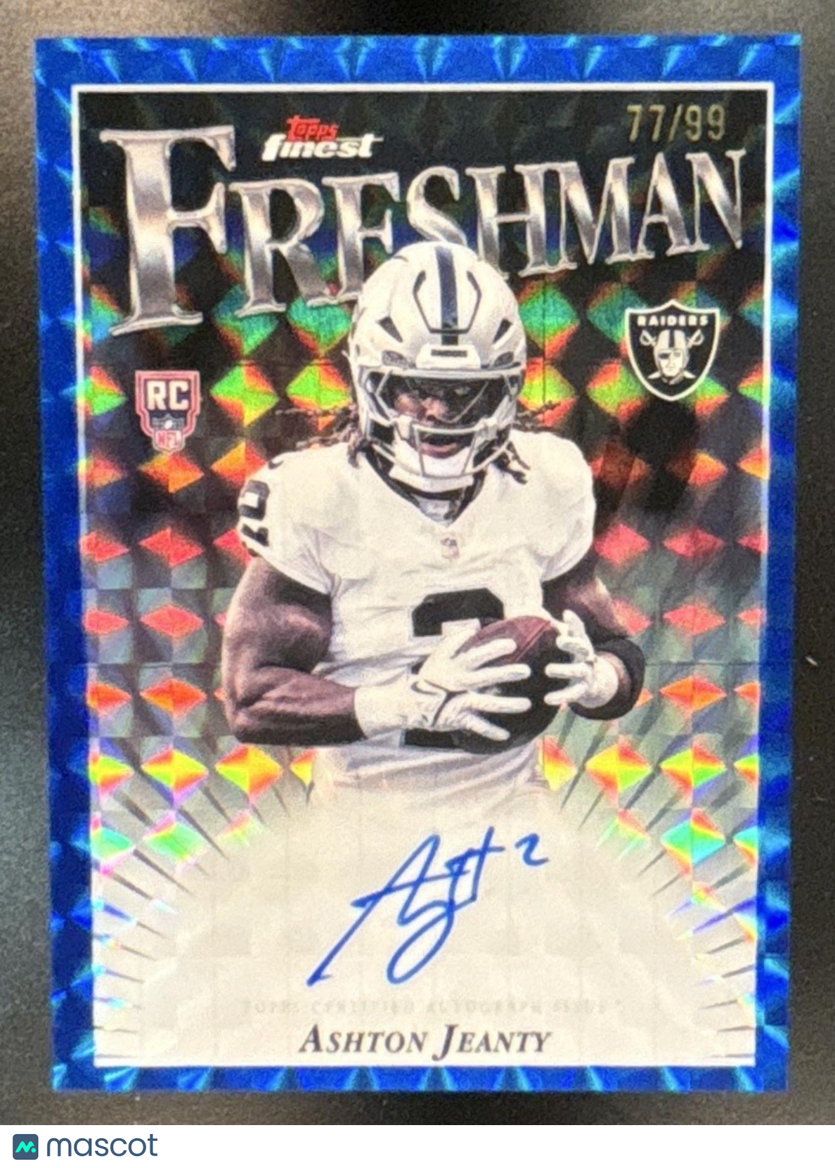2025 Topps Finest Ashton Jeanty Freshman Auto Blue Geometric /99 RC Raiders