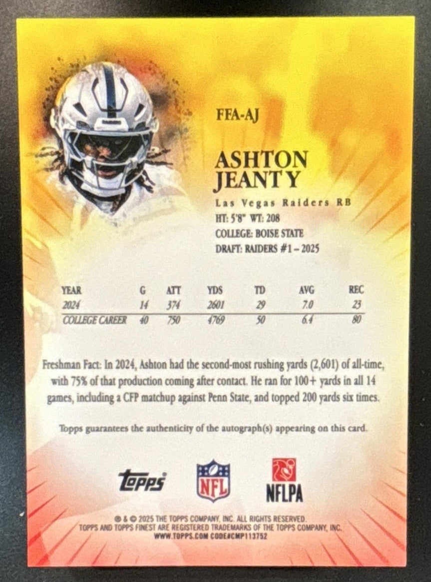 2025 Topps Finest Ashton Jeanty Freshman Auto Blue Geometric /99 RC Raiders
