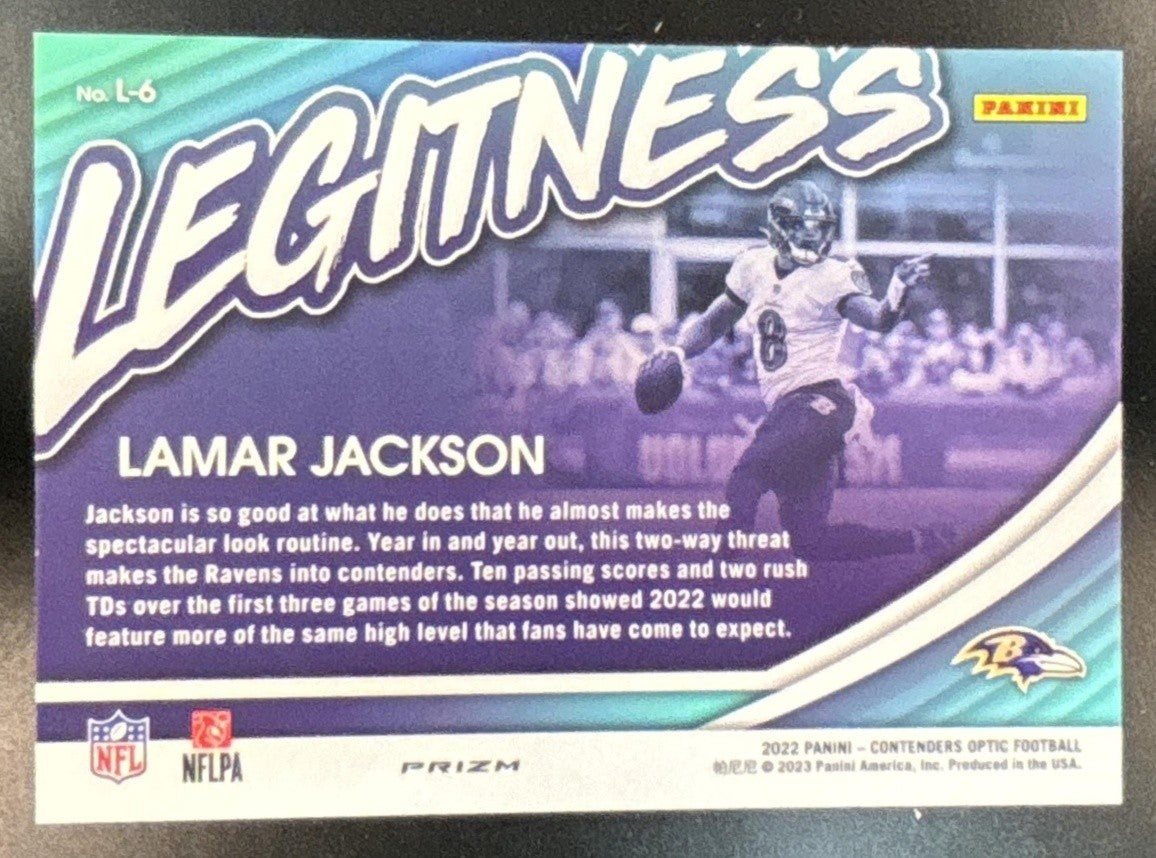 2022 Panini Contenders Optic Lamar Jackson Legitness #L-6 Baltimore Ravens