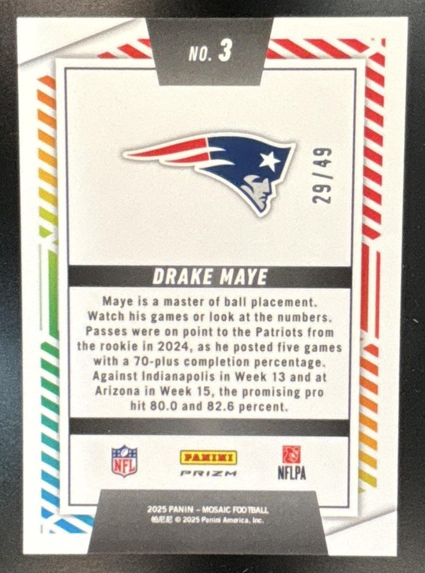 2025 Panini Mosaic Drake Maye Men of Mastery Purple /49 #3 New England Patriots
