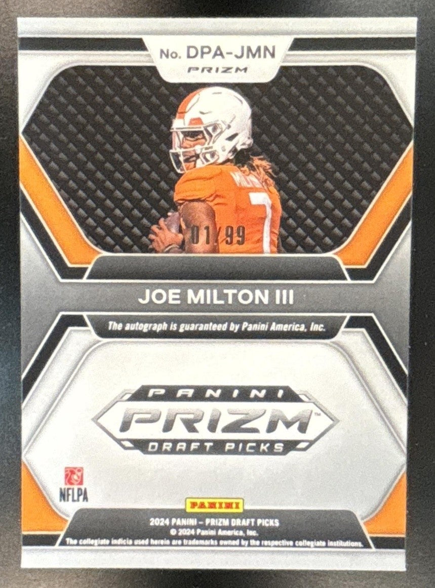 2024 Prizm Collegiate Draft Joe Milton III Pick Auto Purple Ice /99 RC Tennessee