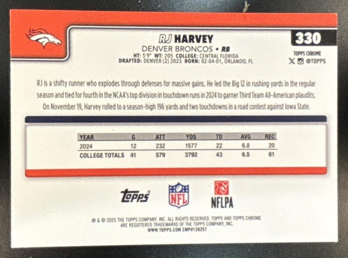 2025 Topps Chrome RJ Harvey Rookie Purple Wave /75 #330 RC Denver Broncos
