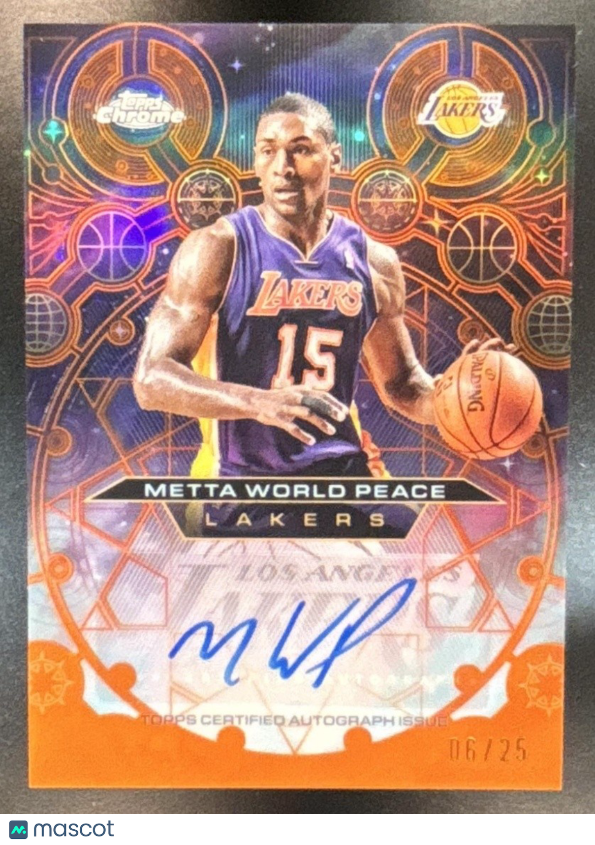 2025-26 Topps Chrome Metta World Peace Chromograph Orange Auto /25 Lakers