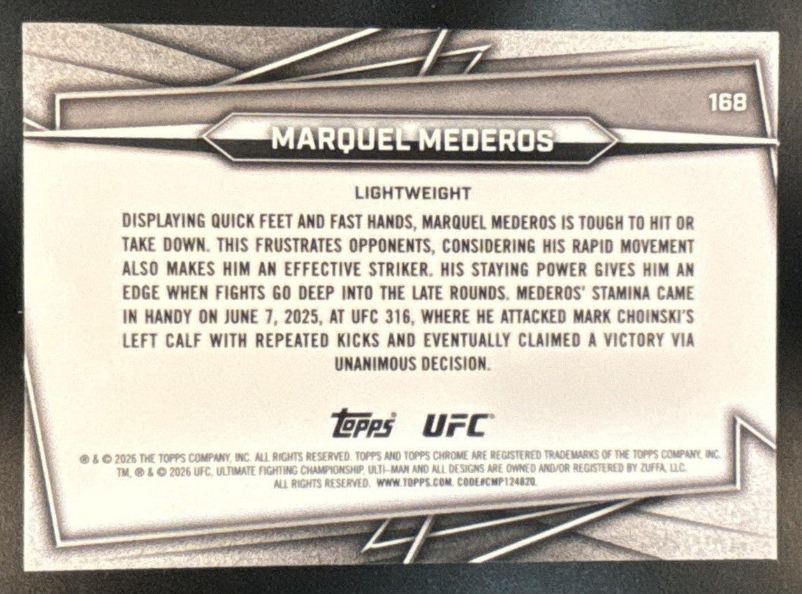 2026 Topps Chrome UFC Marquel Mederos Aqua Refractor /199 #168 RC