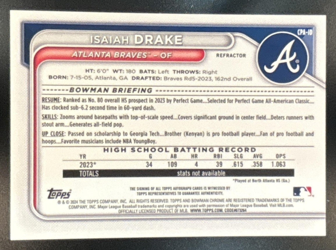 2024 Bowman Isaiah Drake Chrome Auto Refractor /499 1st Prospect Atlanta Braves