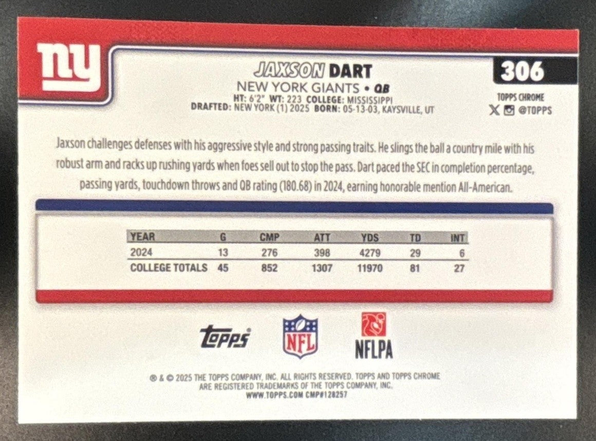 2025 Topps Chrome Jaxson Dart Rookie X-Fractor #306 RC New York Giants