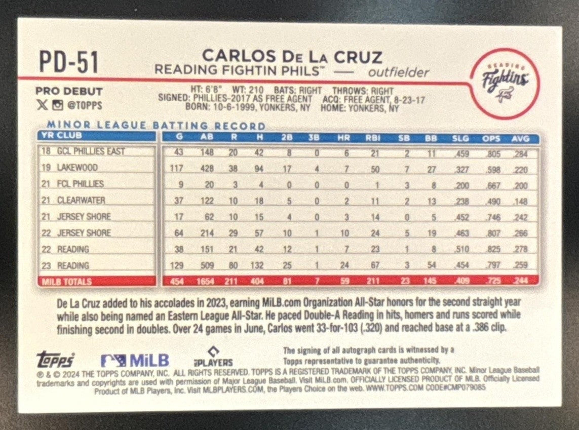 2024 Topps Pro Debut Carlos De La Cruz Auto #PD-51