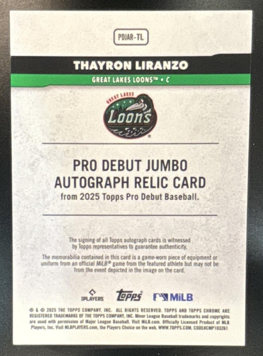 2025 Topps Pro Debut Thayron Liranzo Jumbo Auto Relic /300 MEM Great Lakes Loons
