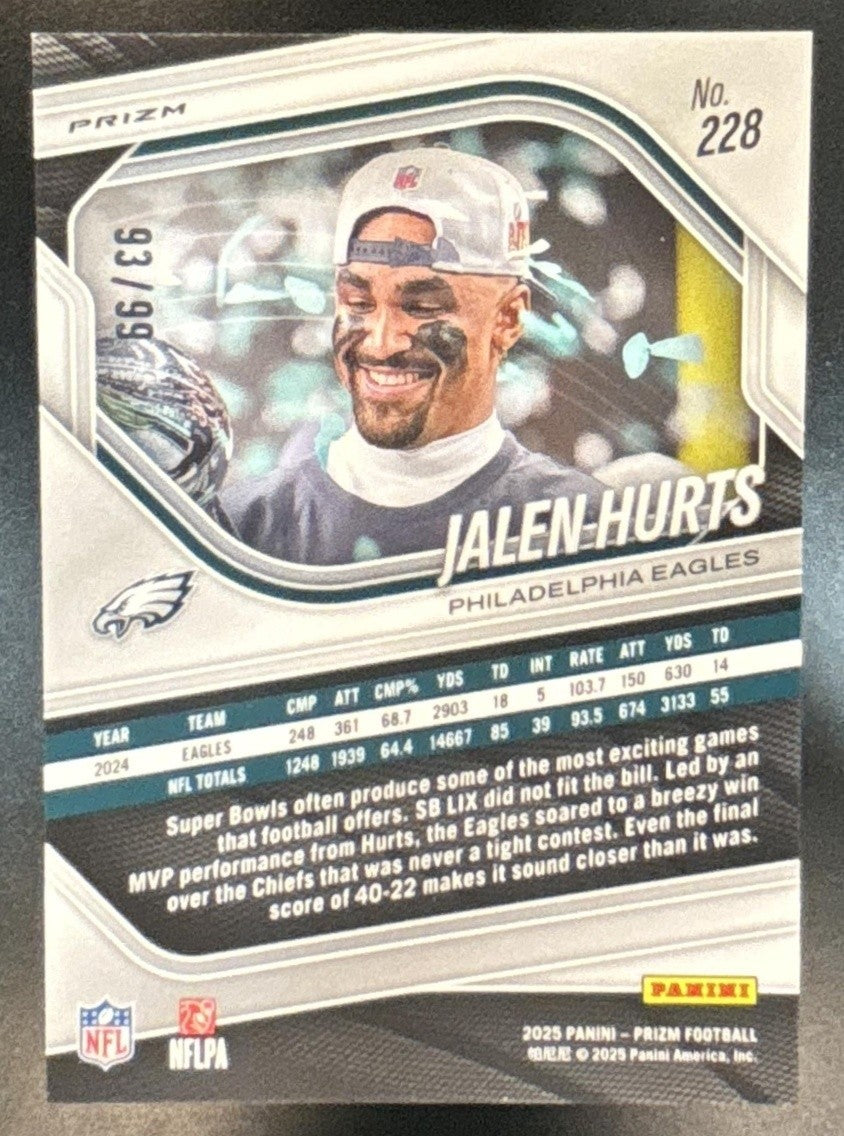 2025 Panini Prizm Jalen Hurts No Huddle Red /99 #228 Philadelphia Eagles