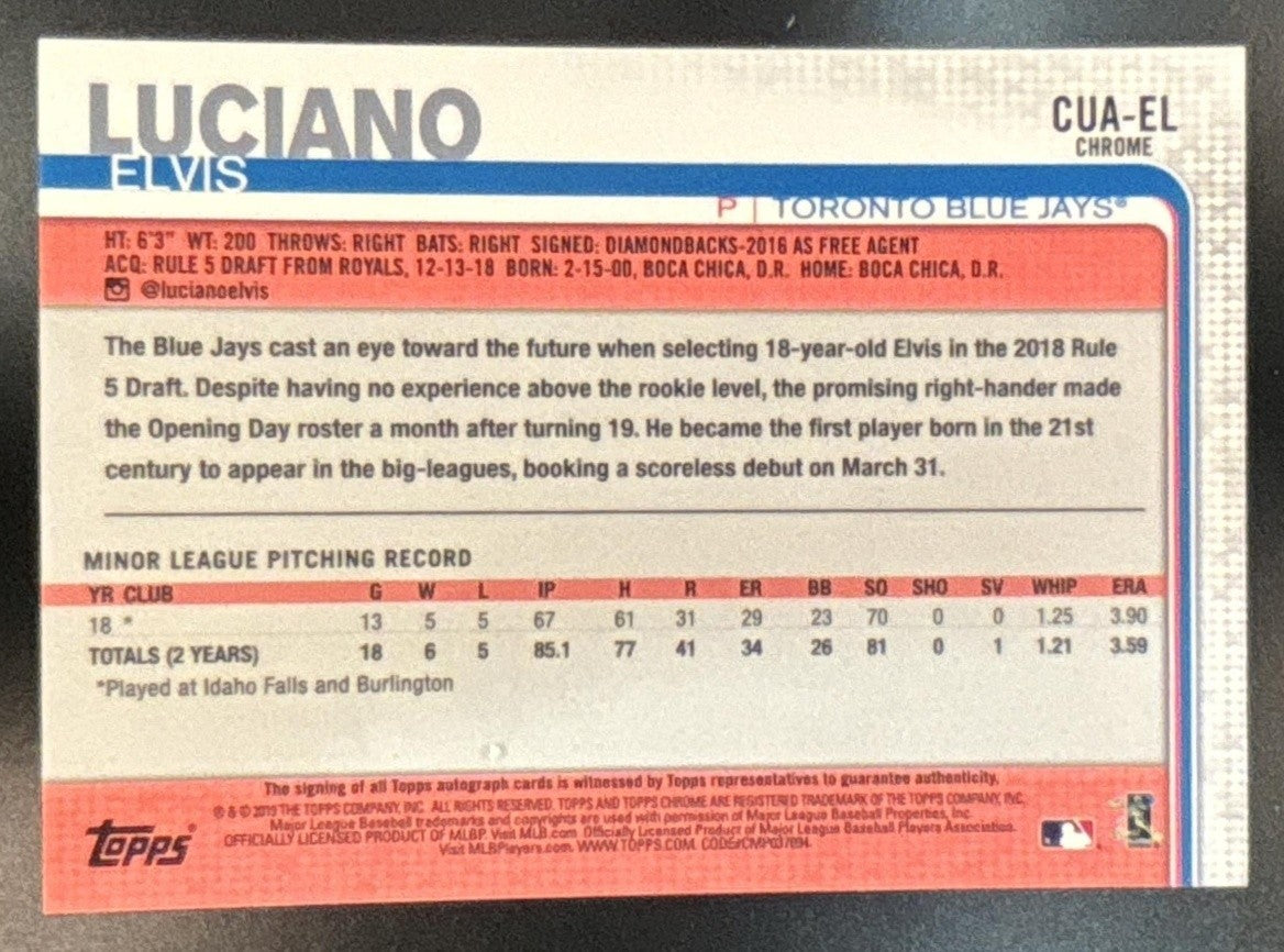 2019 Topps Chrome Update Elvis Luciano Auto #CUA-EL RC Toronto Blue Jays