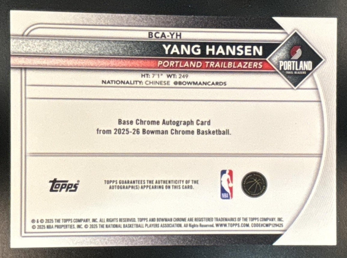 2025-26 Bowman Yang Hansen Chrome Auto Speckle /299 RC Portland Trail Blazers