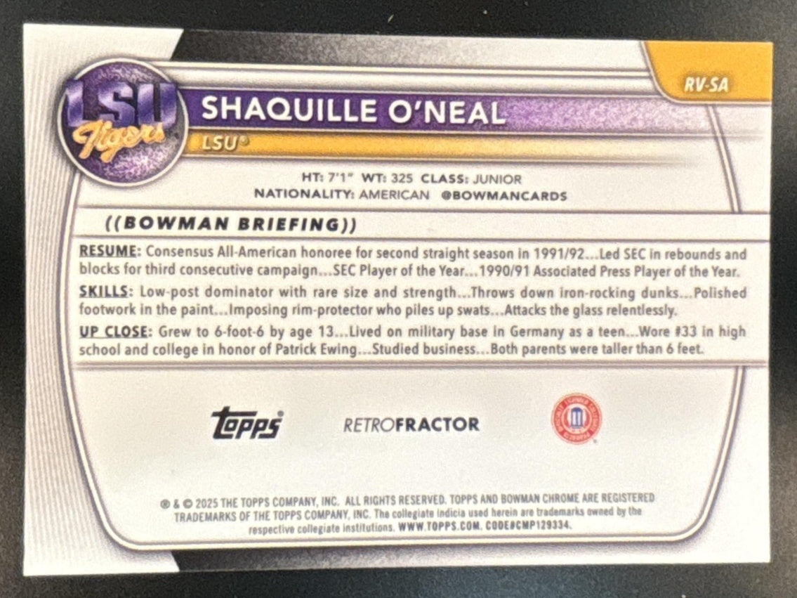 2025-26 Bowman Shaquille O'Neal Retrofractor Variation #RV-SA SP LSU Tigers