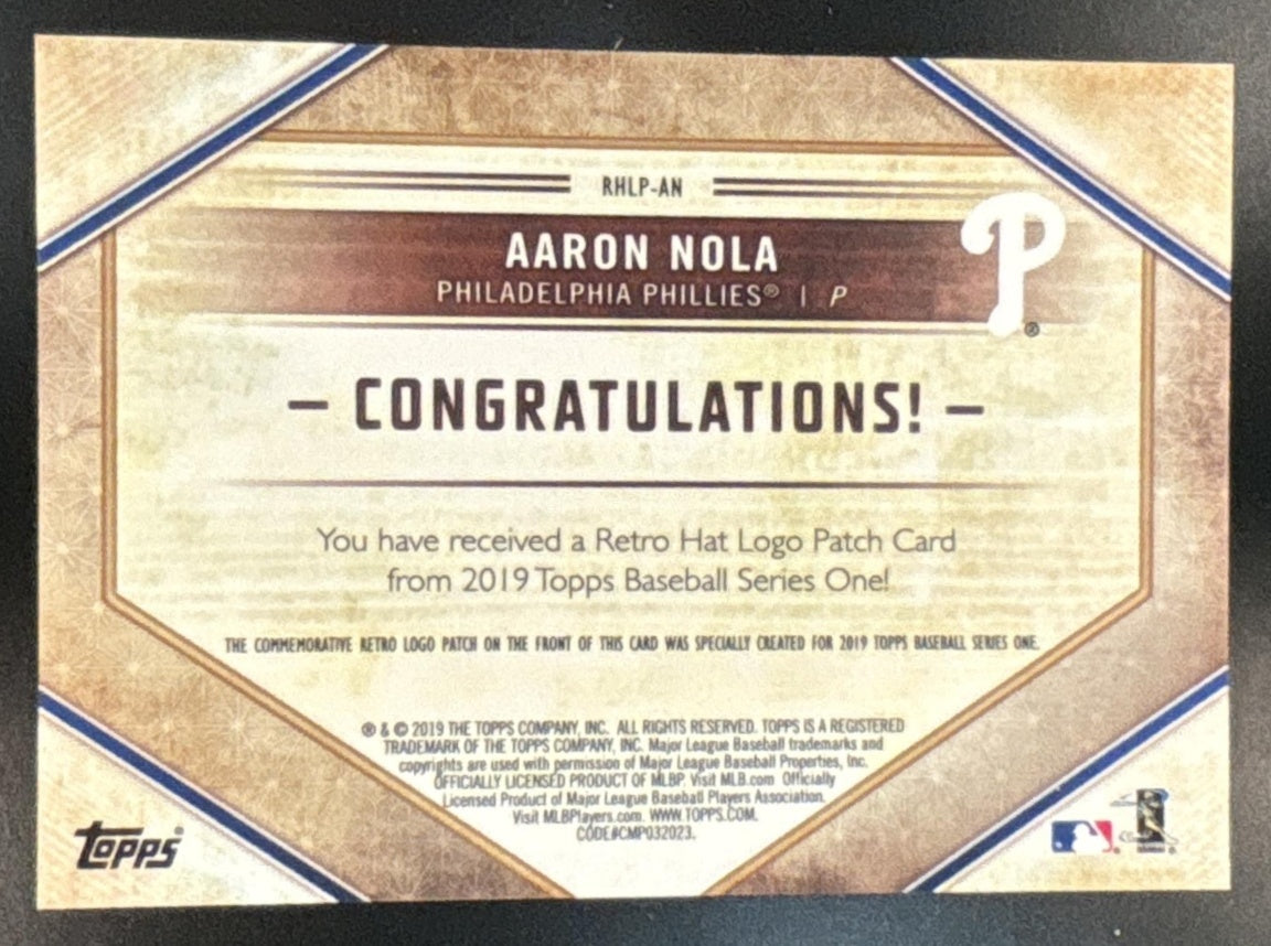 2019 Topps Aaron Nola Retro Hat Manufactured Logo Patches Philadelphia Phillies