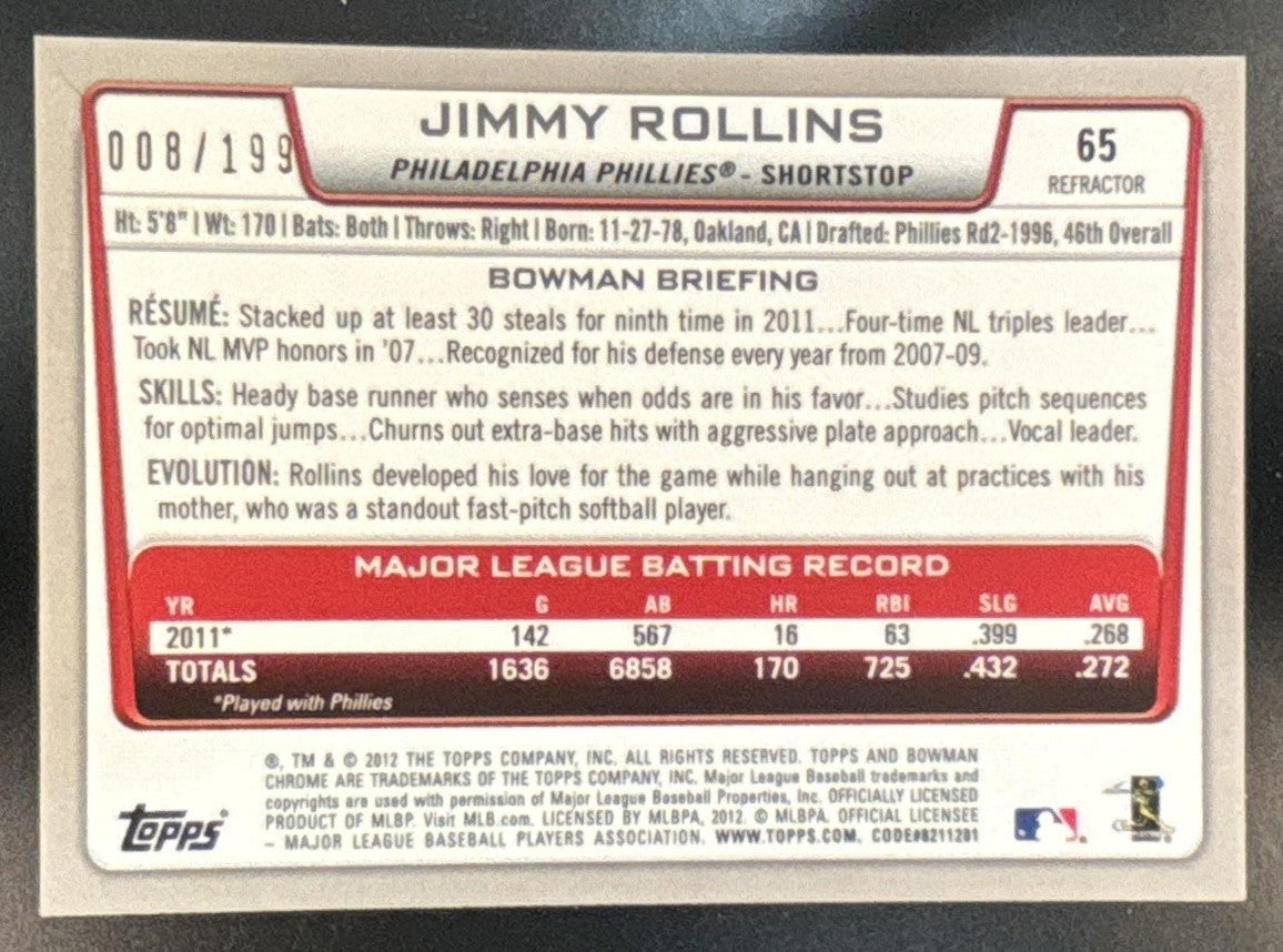 2012 Bowman Chrome Jimmy Rollins Purple Refractor /199 #65 Philadelphia Phillies