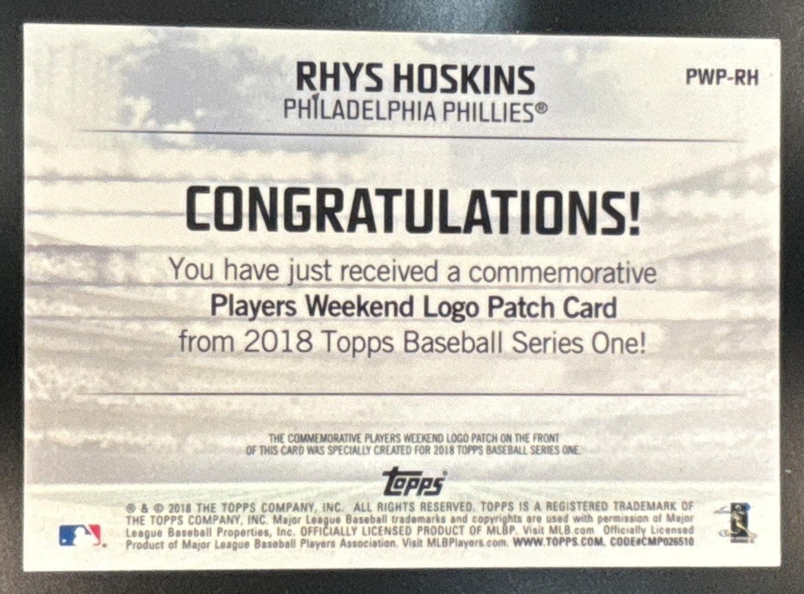 2018 Topps Rhys Hoskins Players Weekend Patch #PWP-RH RC Philadelphia Phillies