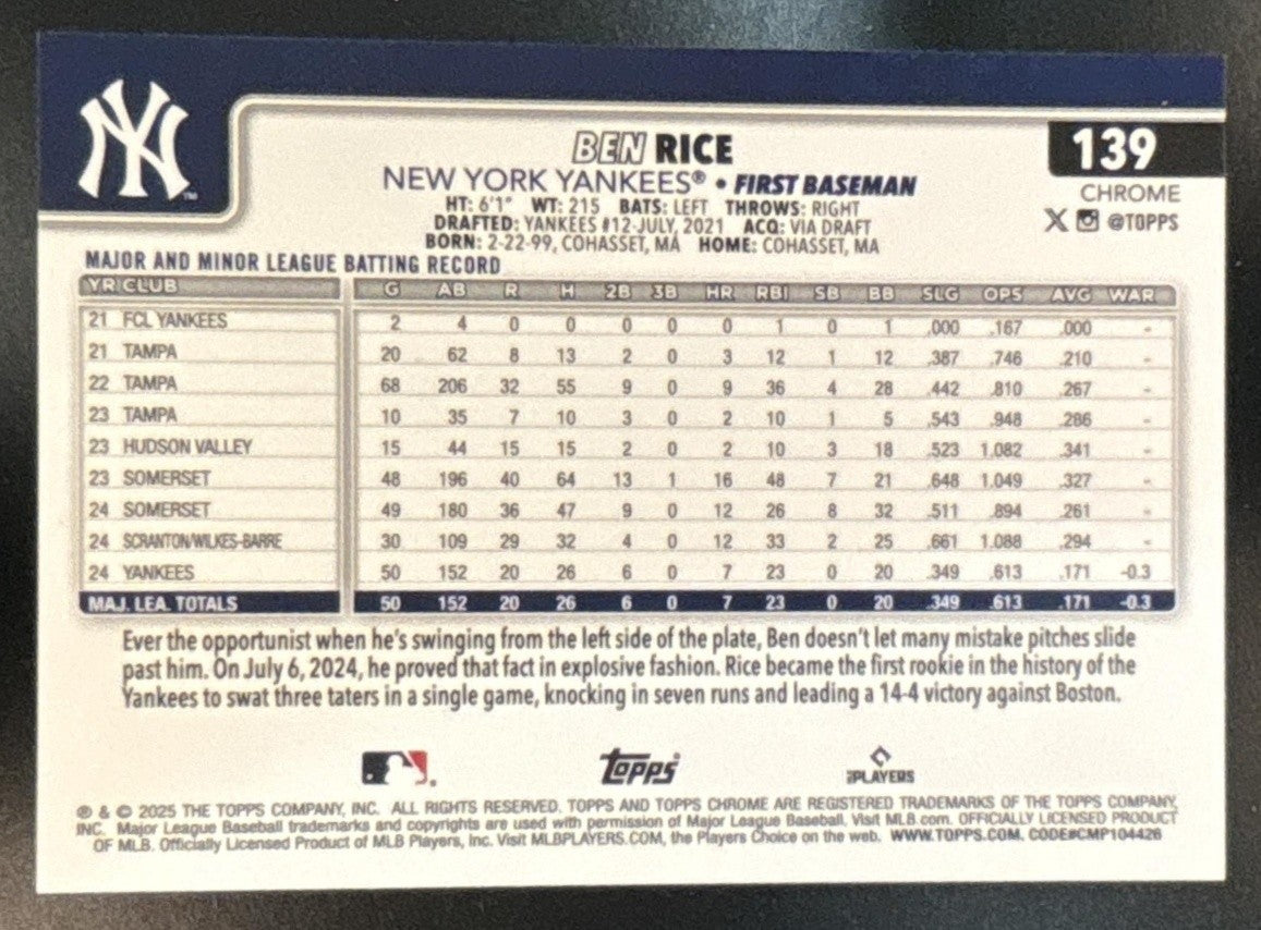 2025 Topps Chrome Ben Rice Blue Refractor /150 #139 RC New York Yankees