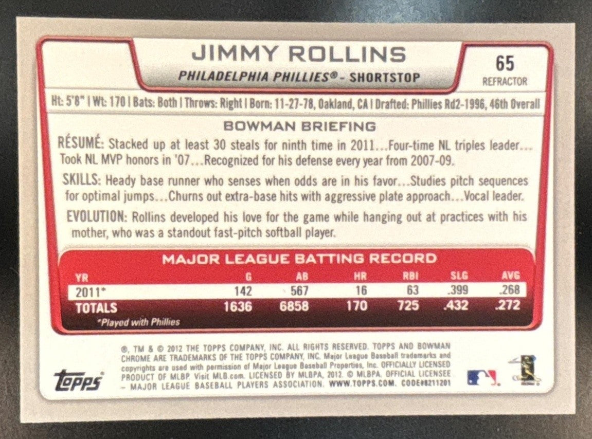 2012 Bowman Chrome Jimmy Rollins Green Refractor #65 Philadelphia Phillies