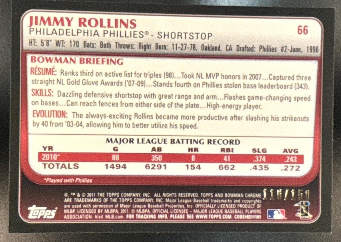 2010 Topps Chrome Jimmy Rollins Blue Refractor /199 #116 Philadelphia Phillies