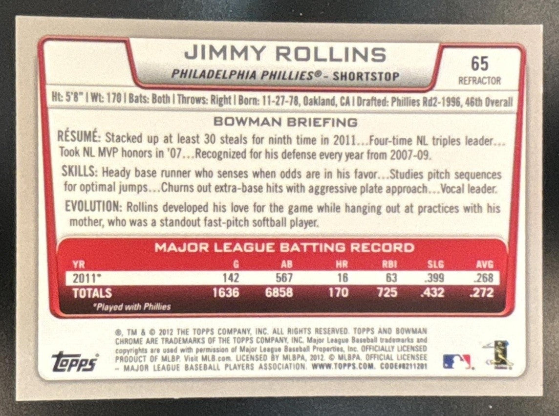 2012 Bowman Chrome Jimmy Rollins Refractor #65 Philadelphia Phillies