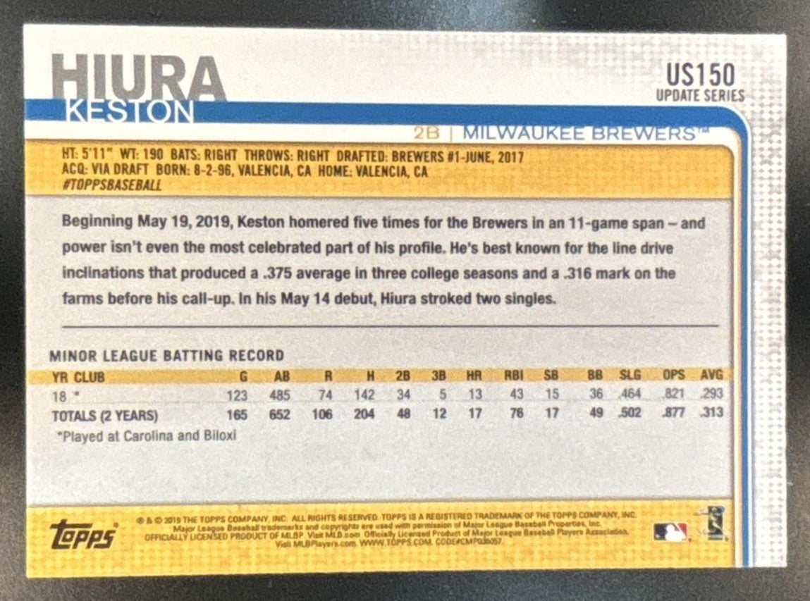 2019 Topps Update Keston Hiura Hand At Helmet SP #US150 RC Milwaukee Brewers