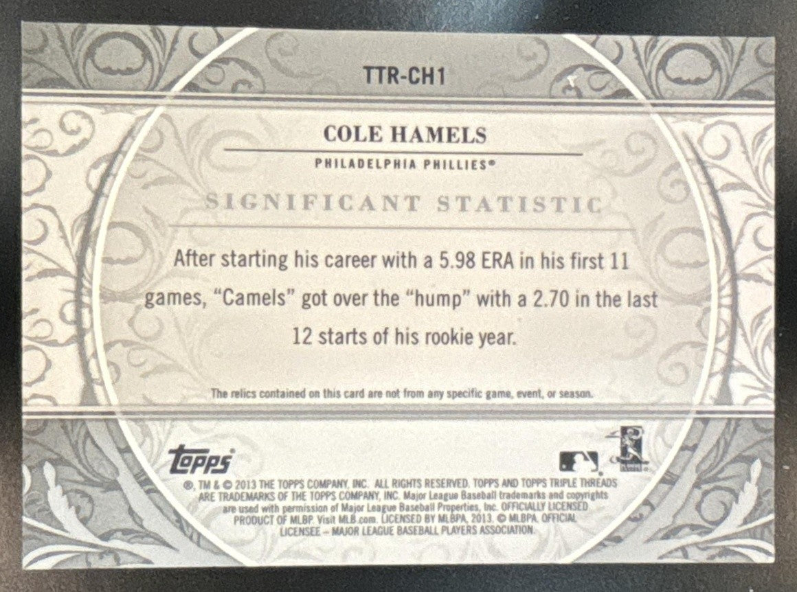 2013 Topps Triple Threads Cole Hamels Relics /36 #TTR-CH1 Philadelphia Phillies