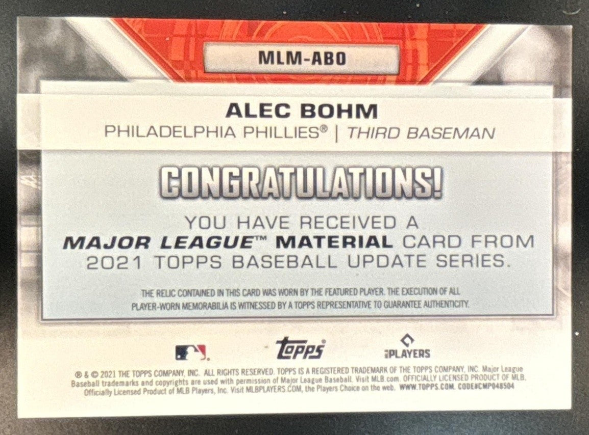 2021 Topps Update Alec Bohm Major League Material Relics MEM RC Phillies
