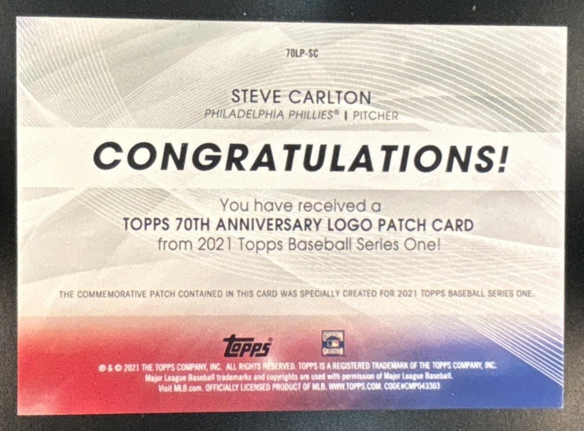 2021 Topps Steve Carlton 70th Anniversary Logo Patch Series 1 Phillies