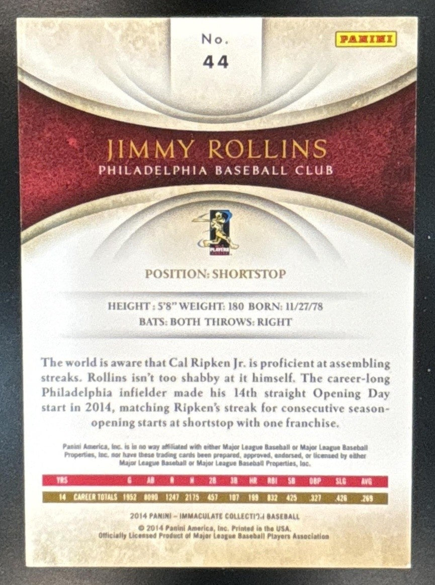 2014 Panini Immaculate Collection Jimmy Rollins /99 #44 Philadelphia Phillies