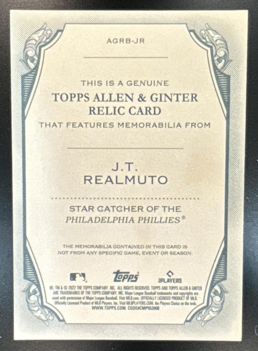 2022 Topps Allen & Ginter J.T. Realmuto Relics MEM Philadelphia Phillies