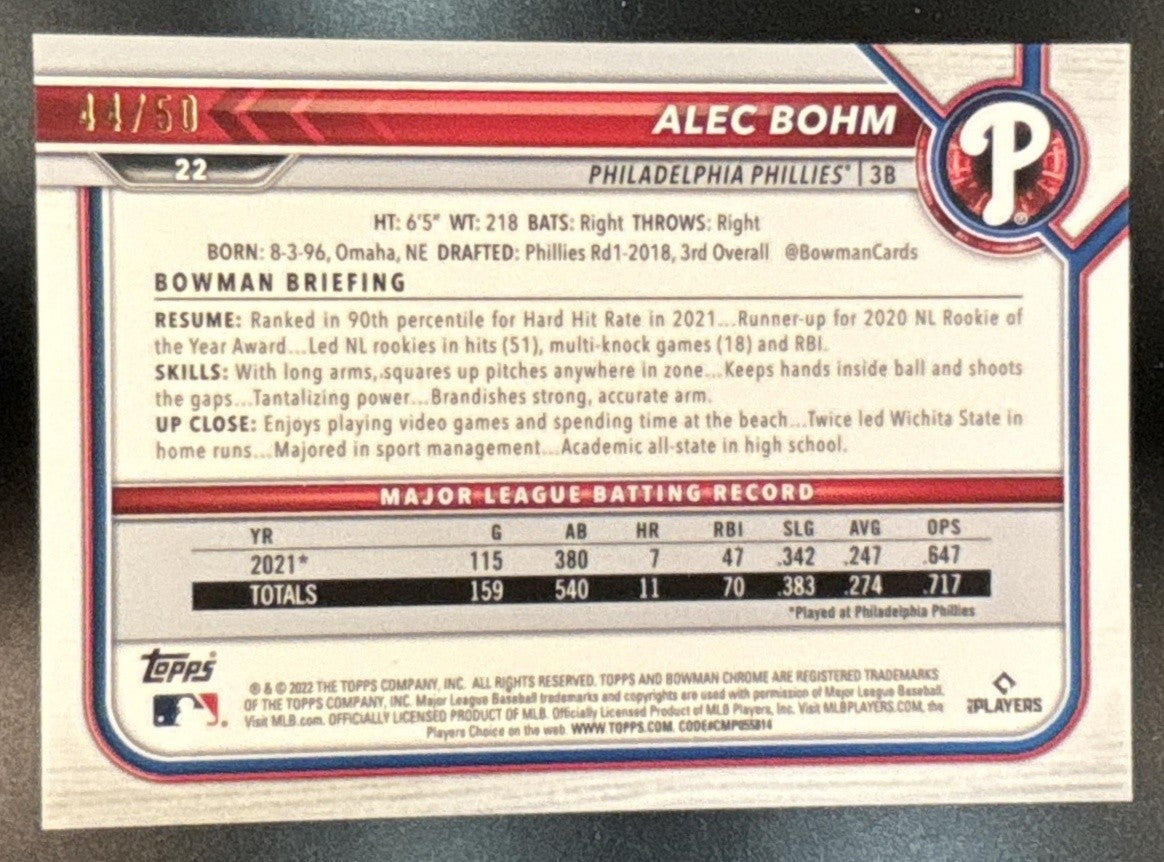 2022 Bowman Chrome Alec Bohm Gold Refractor /50 #22 Philadelphia Phillies