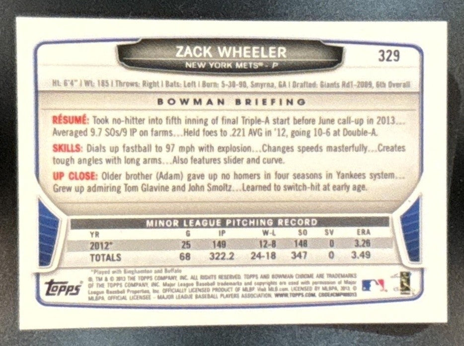 2013 Bowman Chrome Zack Wheeler #49 RC New York Mets