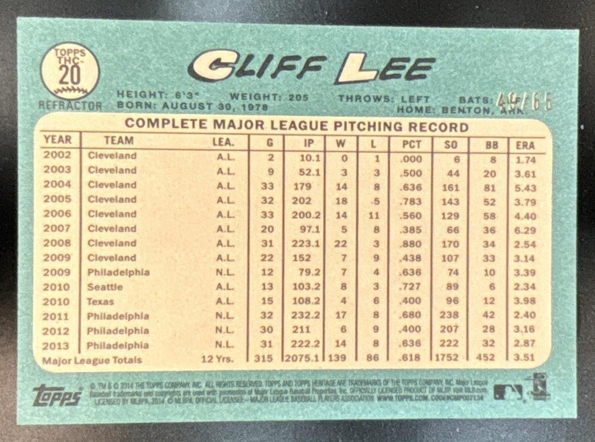 2014 Topps Heritage Cliff Lee Chrome Black /65 #20 Philadelphia Phillies