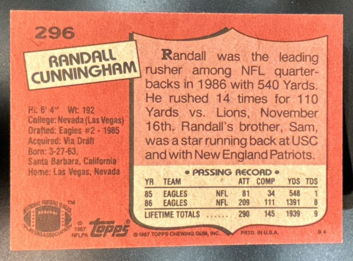 1987 Topps Randall Cunningham #296 RC Philadelphia Eagles