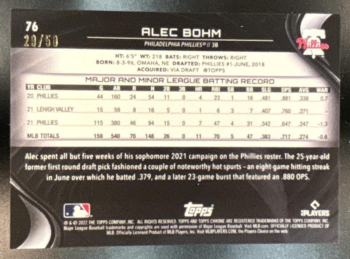 2022 Topps Chrome Black Alec Bohm Gold Mini Diamond /50 #76 Phillies