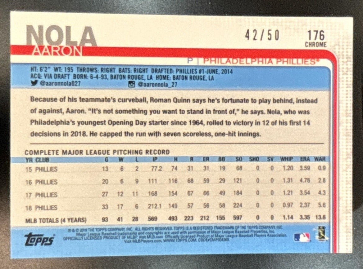2019 Topps Chrome Aaron Nola Gold Refractor 42/50 #176 Philadelphia Phillies
