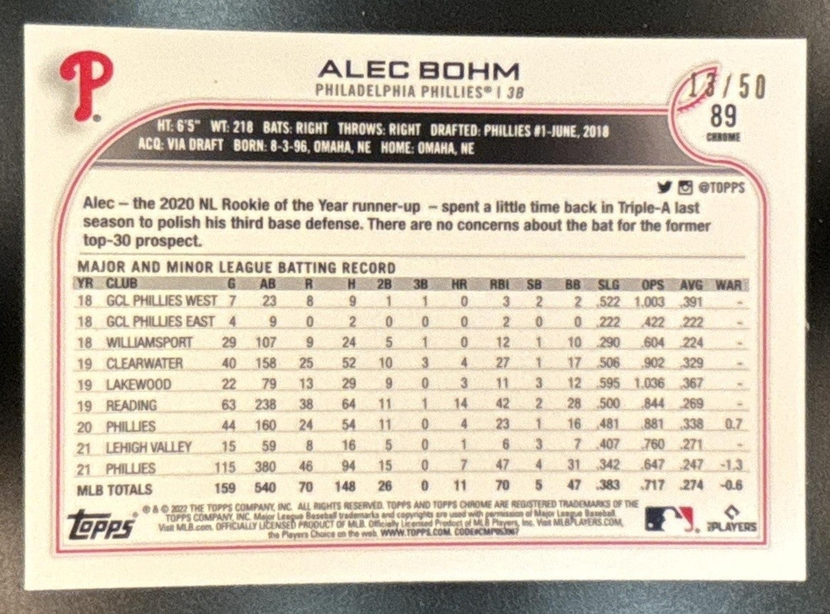 2022 Topps Chrome Alec Bohm Gold Refractor 13/50 #89 Philadelphia Phillies